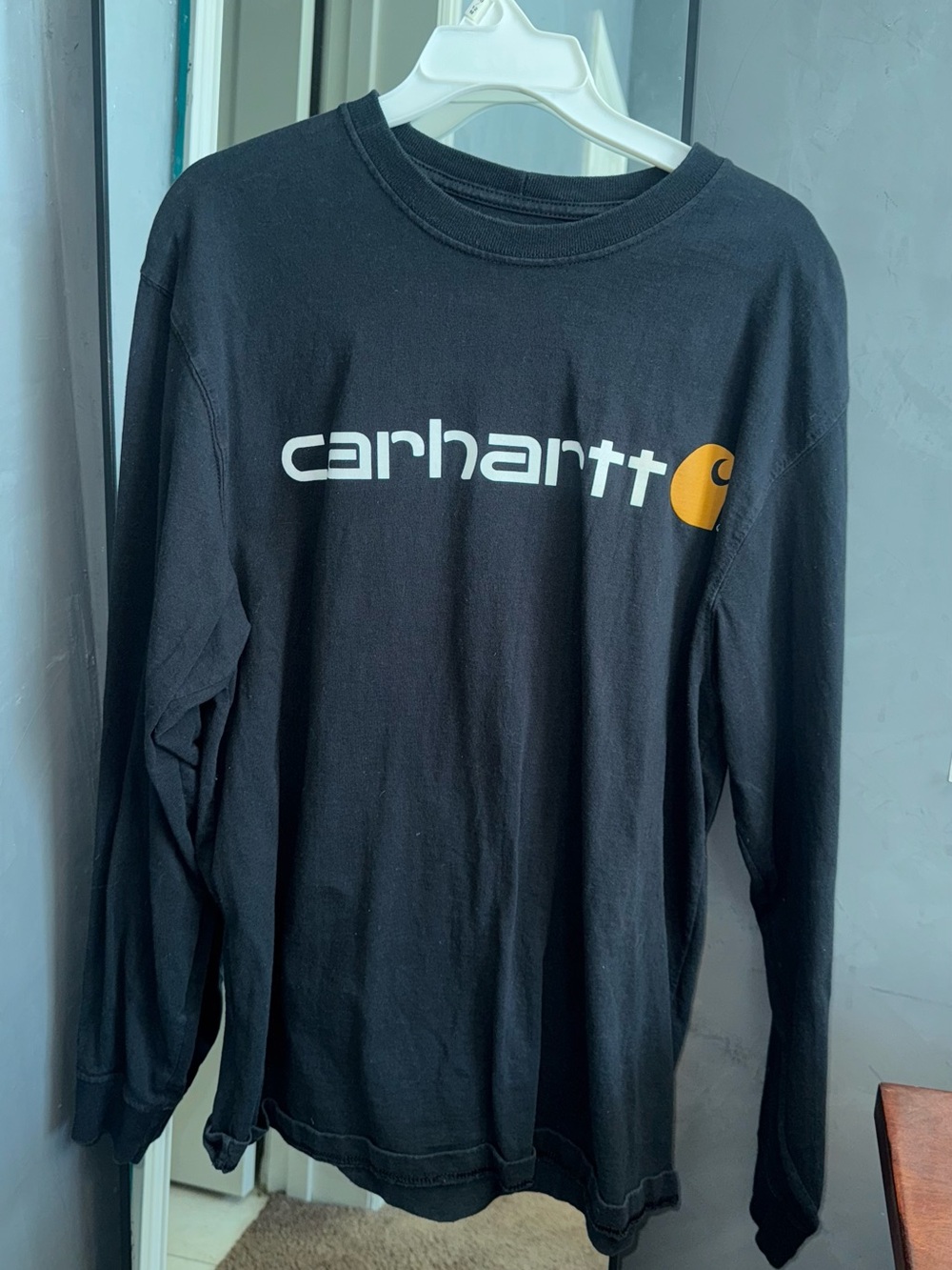 Carhartt Navy Long Sleeve Logo Tee with Yellow Logo